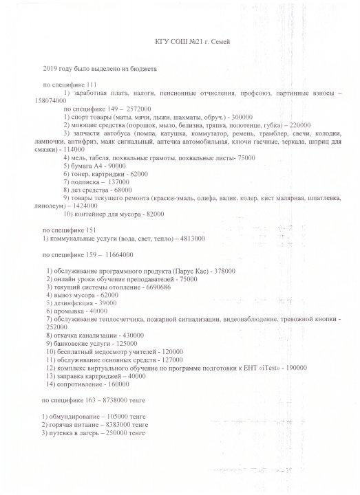 2019 жылға мектеп бюджетінен № 111, № 151, № 159, № 163 спецификасы бойынша бөлінген қаржы.