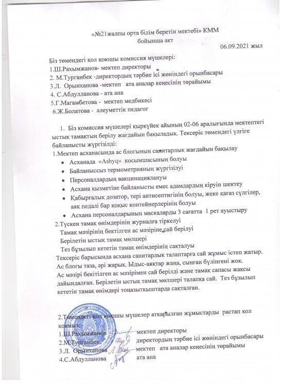 Мектептегі  ыстық тамақтың берілу жағдайын бақылау  актісі.