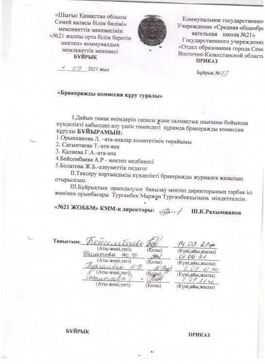 Бракеражды комиссия құру туралы бұйрық