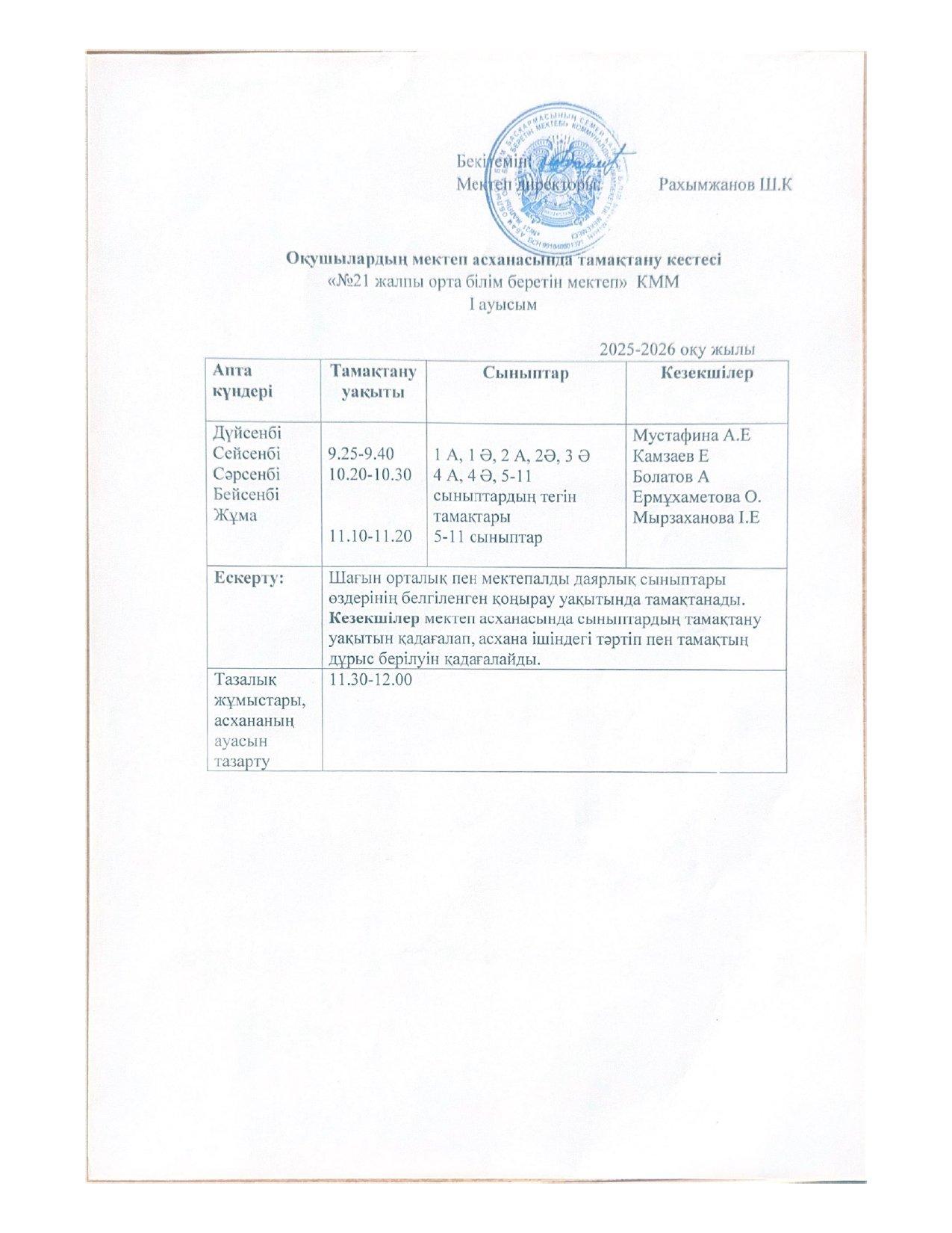 Оқушылардың мектеп асханасында тамақтану кестесі